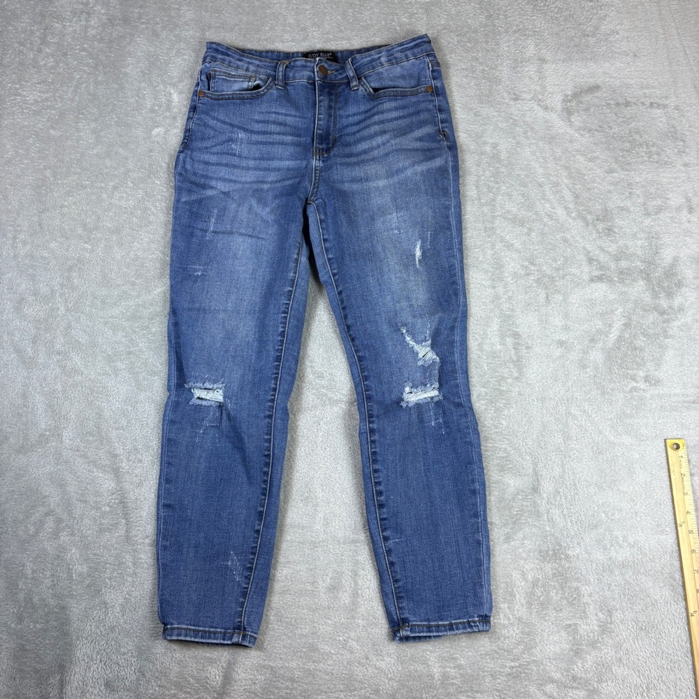 Judy Blue Jeans Women 30 (Fits 30x25) Relaxed Blue Whisker Fade Stretch Distress